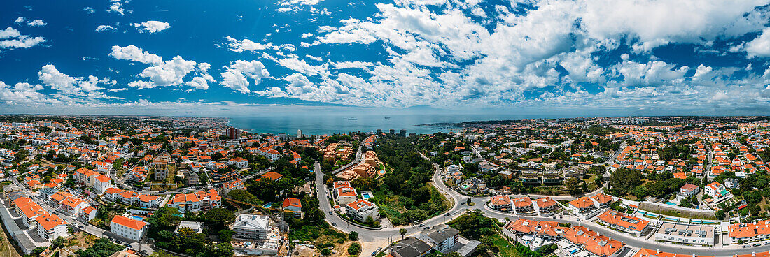 Aerial panoramic view of Cascais, 30km west of Lisbon on the Portuguese Riveira, Cascais, Portugal, Europe