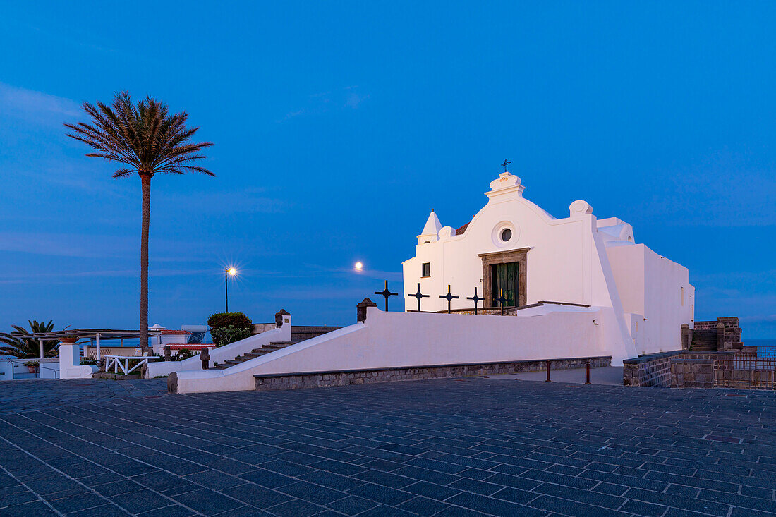 Chiesa del Soccorso at dawn with Full Moon, Forio, Island of Ischia, Campania, Italy, Europe