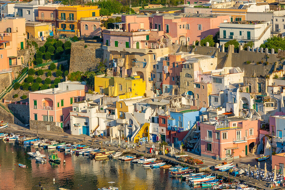 Aerial of Marina di Corricella, Procida, Flegrean Islands, Campania, Italy, Europe