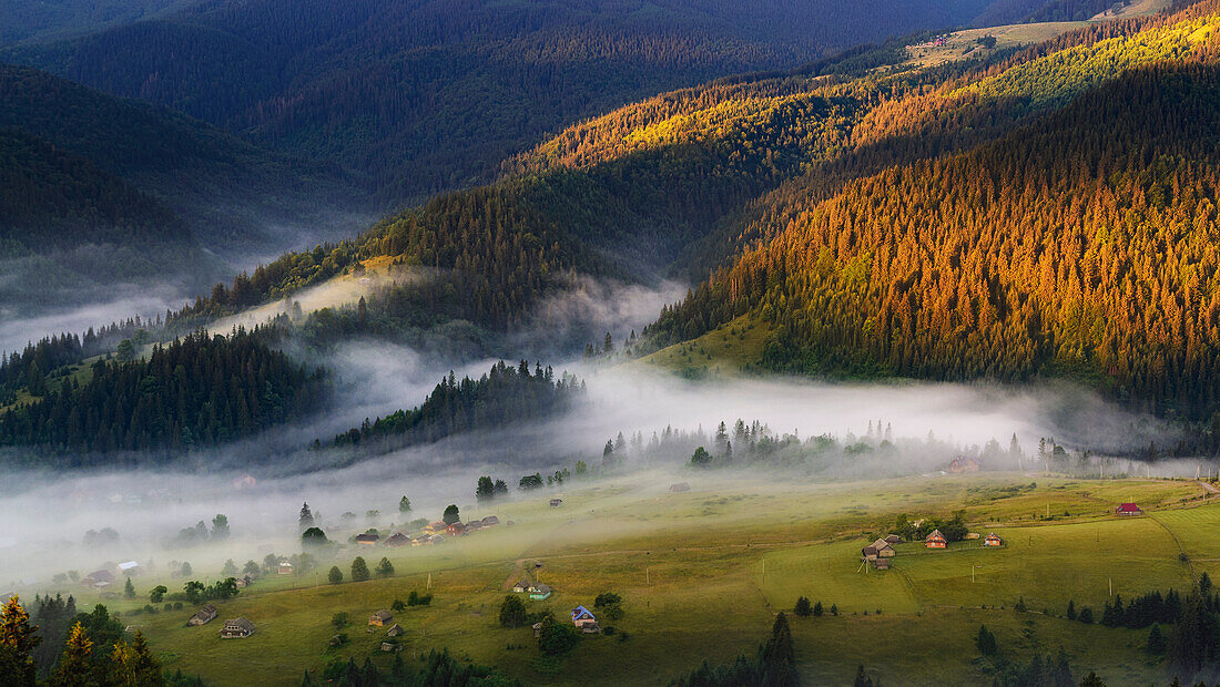 Ukraine, Ivano Frankivsk region, Verkhovyna district, Dzembronya village, Foggy rolling landscape in Carpathian Mountains at sunset