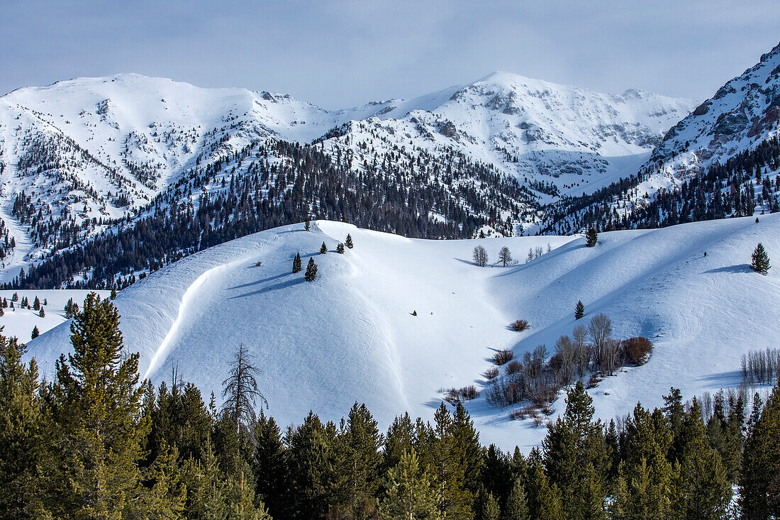 USA, Idaho, Sun Valley, Schneebedeckte Berge mit Wäldern