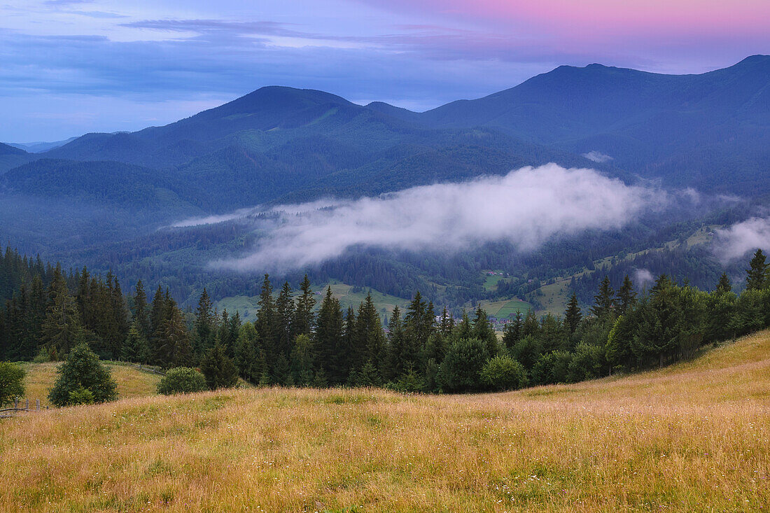 Ukraine, Ivano Frankivsk region, Verkhovyna district, Dzembronya village, Rolling landscape in Carpathian Mountains