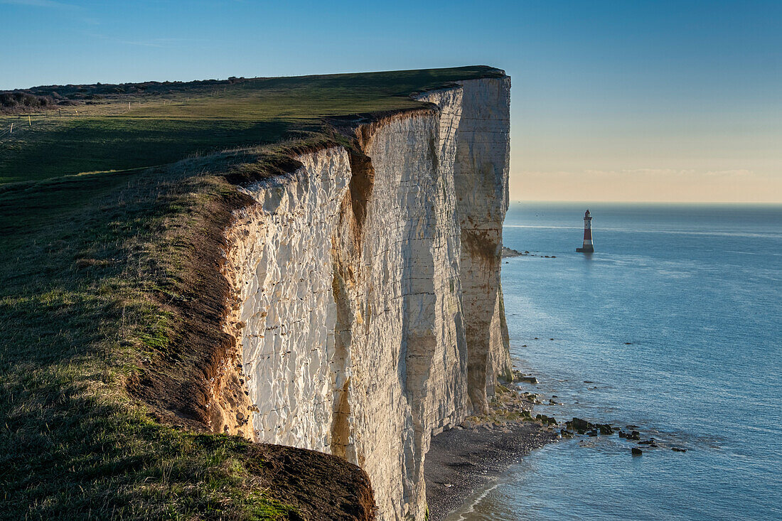 Beachy Head Lighthouse and the white chalk cliffs of Beachy Head, South Downs National Park, East Sussex, England, United Kingdom, Europe