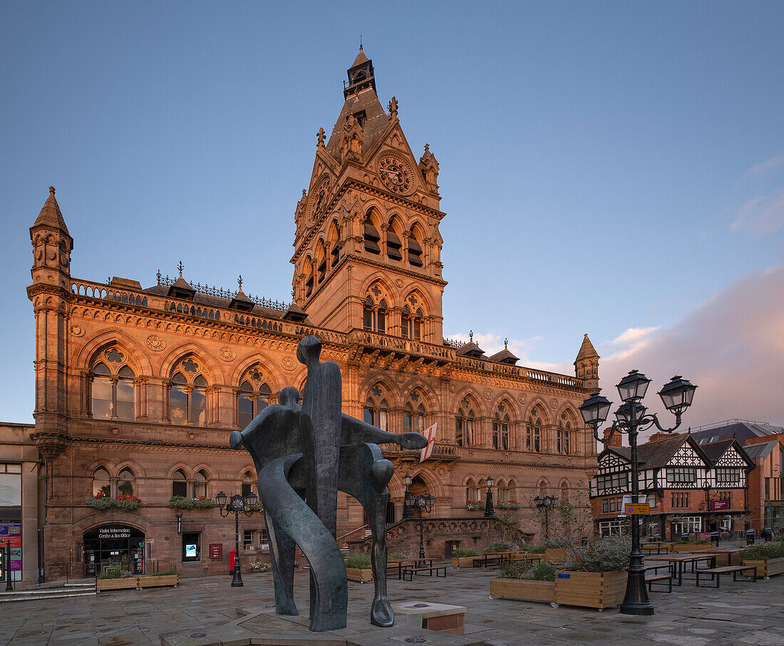 Chester Town Hall and the Celebration of Chester Sculpture, Northgate Street, Chester, Cheshire, England, United Kingdom, Europe