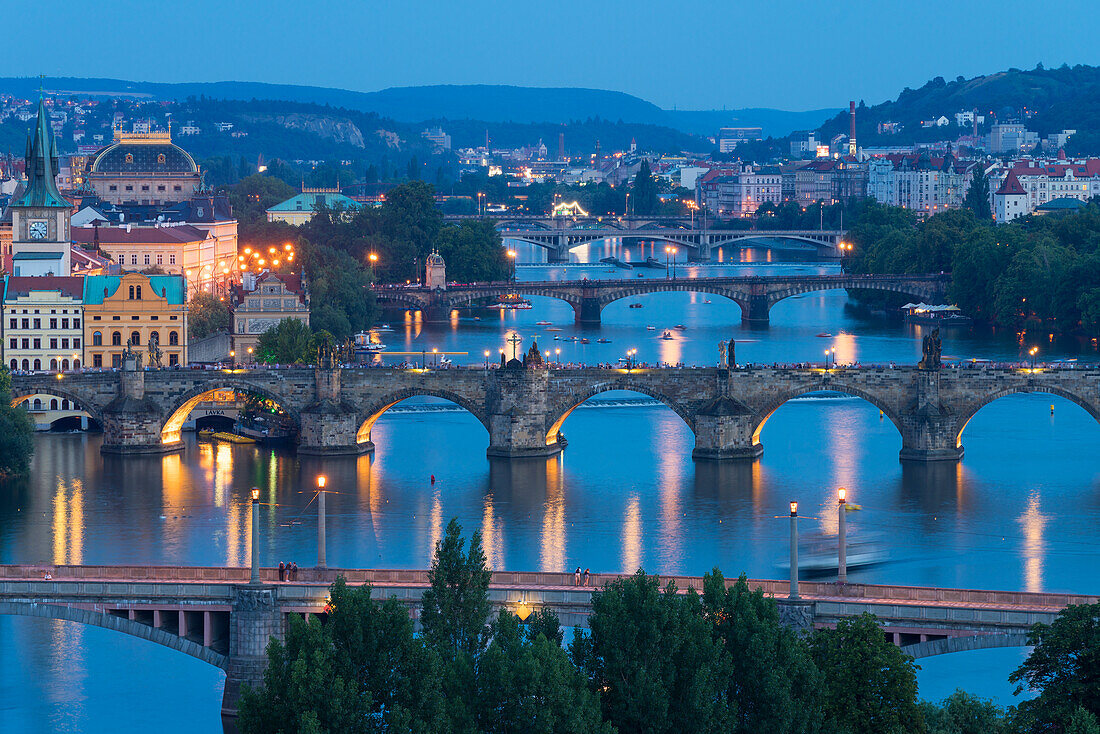 Bridges over Vltava River against sky seen from Letna park at twilight, Prague, Bohemia, Czech Republic (Czechia), Europe