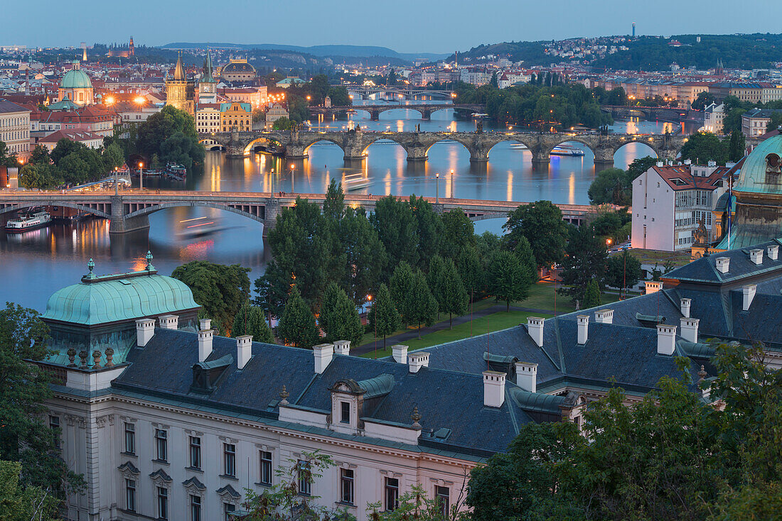 Bridges over Vltava River against sky seen from Letna Park at twilight, Prague, Bohemia, Czech Republic (Czechia), Europe