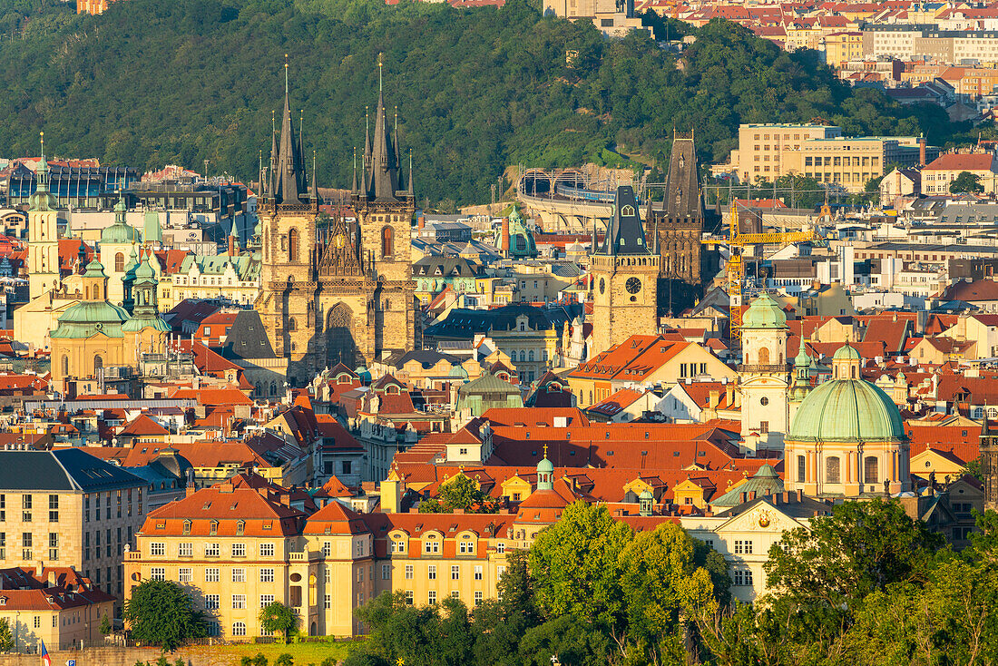 Prague skyline with Church of Our Lady Before Tyn, Old Town Hall Tower, Powder Tower and other spires, Old Town, UNESCO World Heritage Site, Prague, Bohemia, Czech Republic (Czechia), Europe