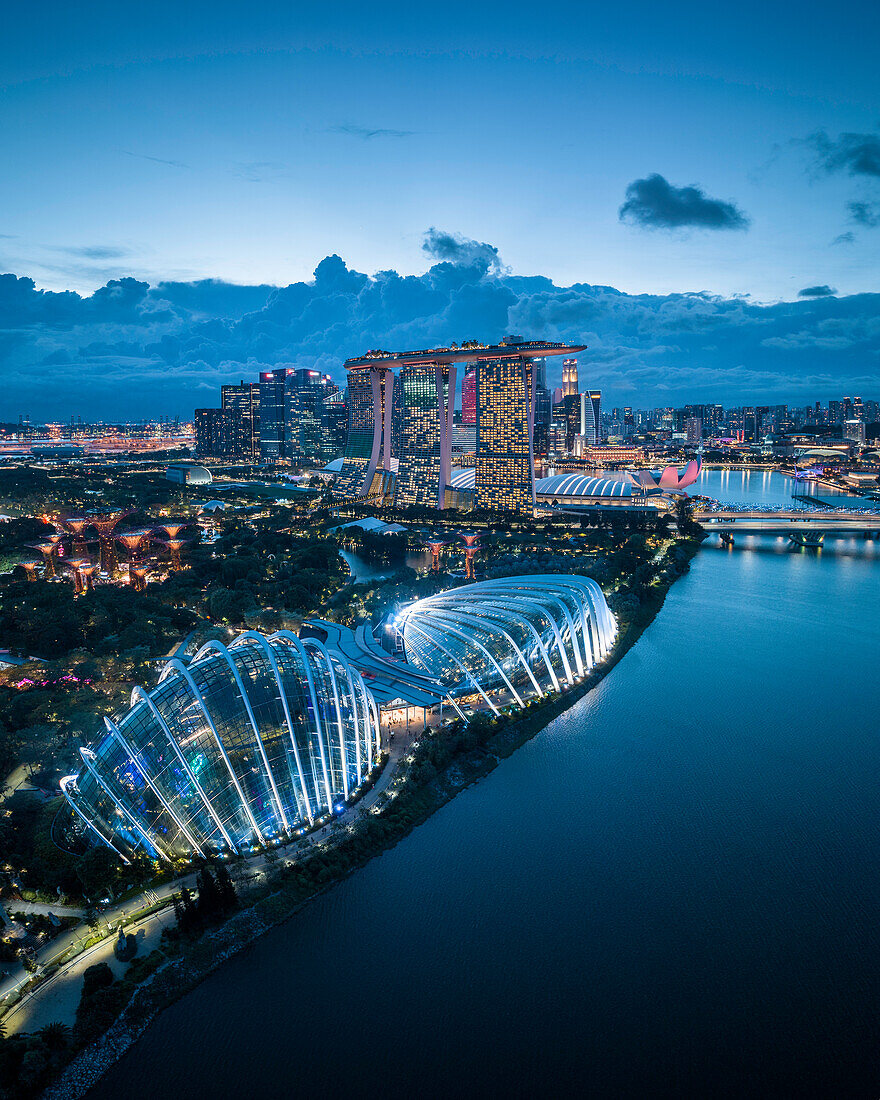 Aerial view of Singapore City Harbour at night, Singapore, Southeast Asia, Asia