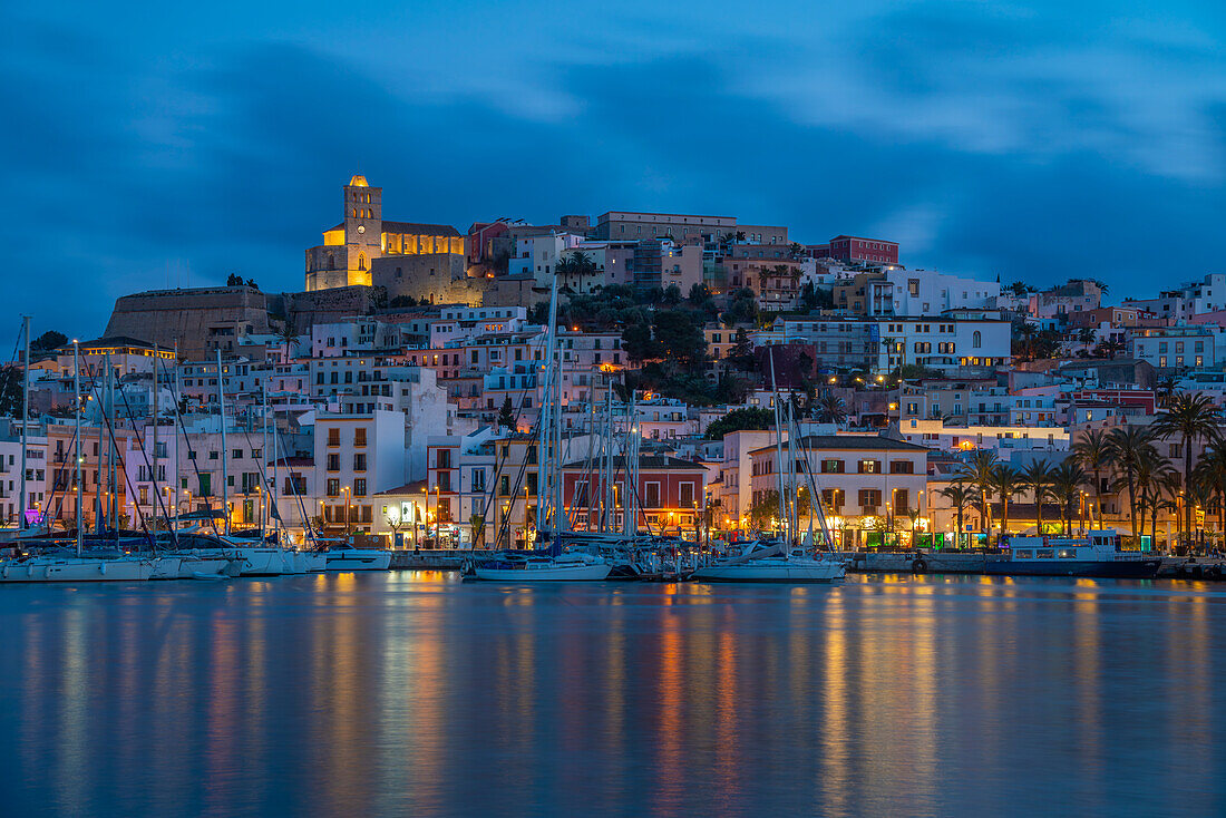 View of Cathedral and Dalt Vila overlooking harbour at dusk, Ibiza Town, Eivissa, Balearic Islands, Spain, Mediterranean, Europe