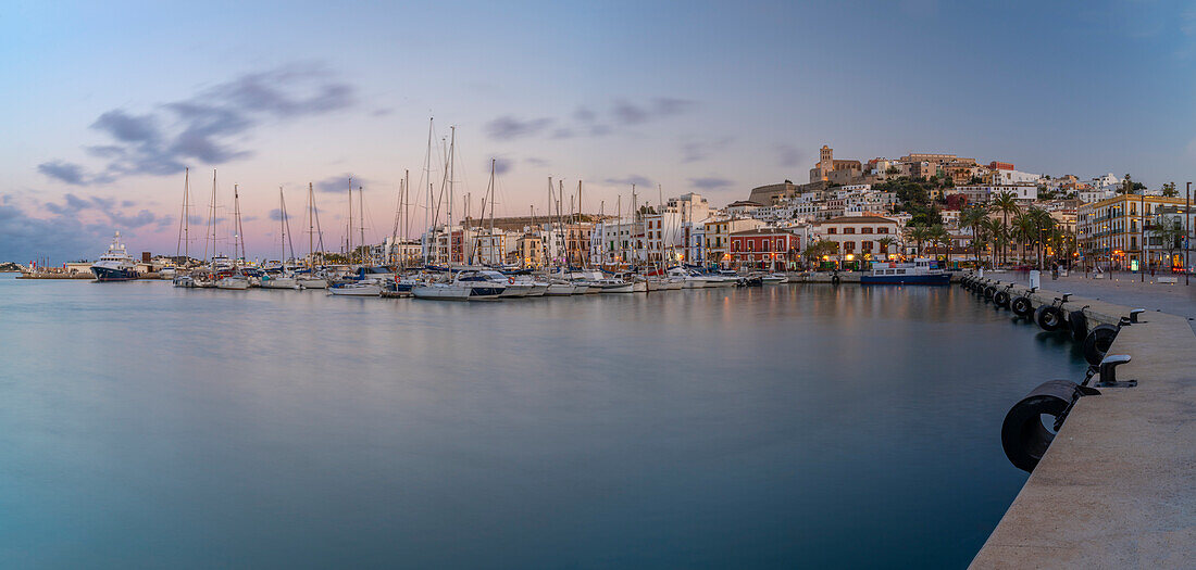 View of Cathedral and Dalt Vila overlooking harbour at dusk, Ibiza Town, Eivissa, Balearic Islands, Spain, Mediterranean, Europe