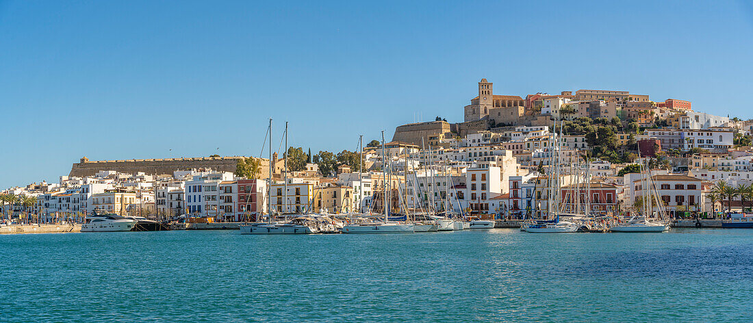 Blick auf Dalt Vila und Kathedrale vom Hafen aus, UNESCO-Weltkulturerbe, Ibiza-Stadt, Eivissa, Balearen, Spanien, Mittelmeer, Europa