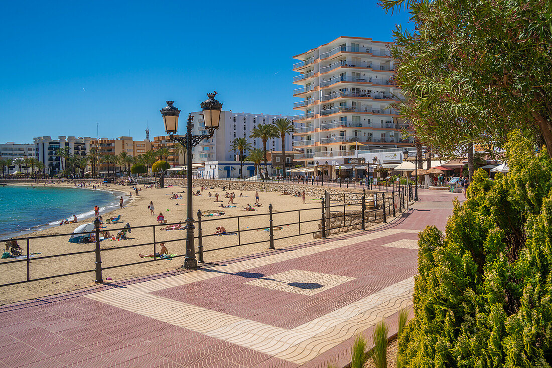 View of promenade and Playa De Santa Eulalia, Santa Eularia des Riu, Ibiza, Balearic Islands, Spain, Mediterranean, Europe