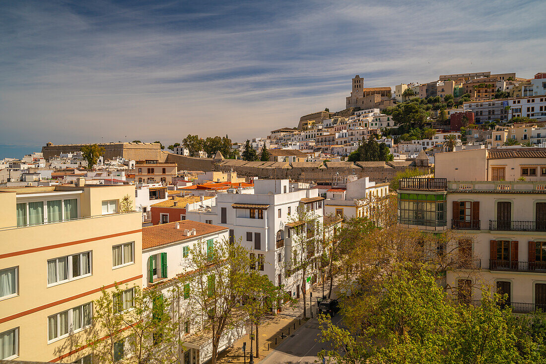 Elevated view of Cathedral, Vara de Rei Square and Dalt Vila, UNESCO World Heritage Site, Ibiza Town, Eivissa, Balearic Islands, Spain, Mediterranean, Europe