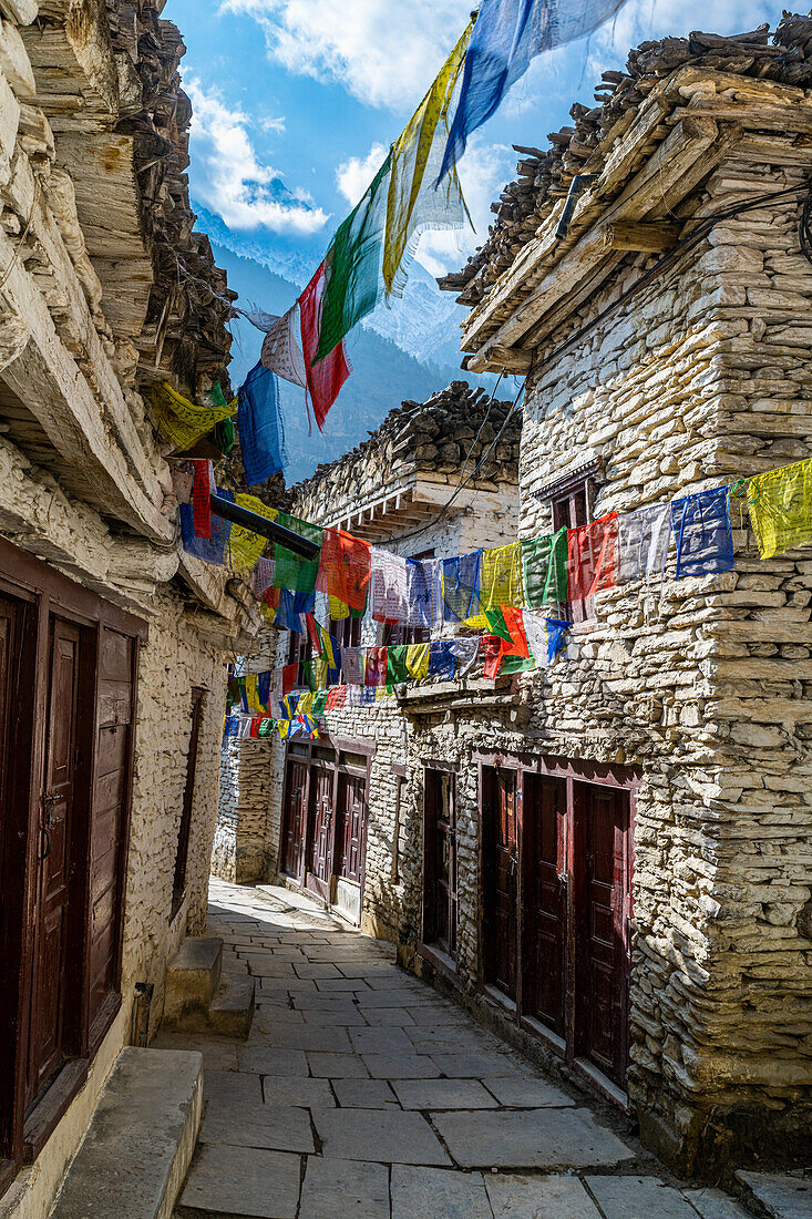 Historical village of Marpha and prayer flags, Jomsom, Himalayas, Nepal, Asia