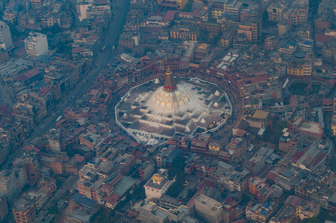 Aerial of the Boudhanath Stupa, UNESCO World Heritage Site, Kathmandu, Nepal, Asia