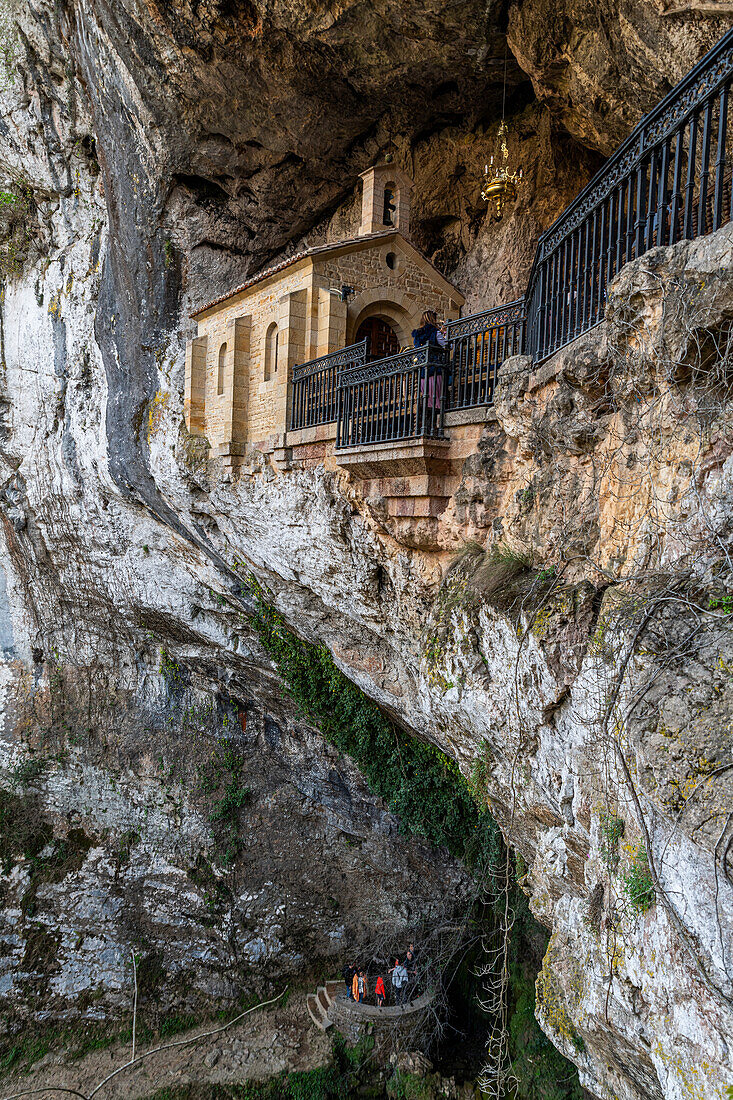 Sanctuary below the BasA?lica de Santa MarA?a la Real de Covadonga, Picos de Europa National Park, Asturias, Spain, Europe