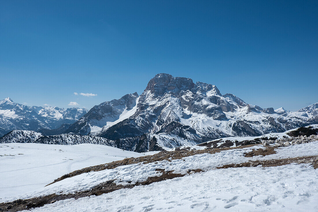 Croda Rossa D'Ampezzo mountain covered by pristine snow, Dolomites, Italy, Europe