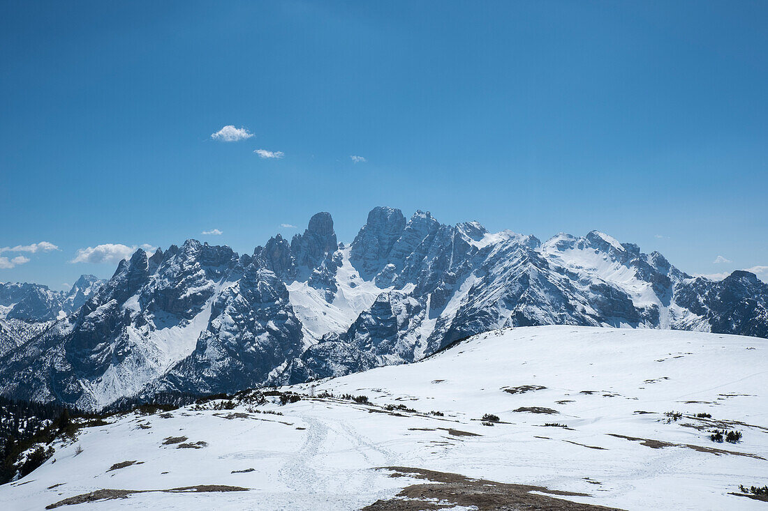 Monte Cristallo mountain covered by pristine snow, Dolomites, Belluno, Veneto, Italy, Europe