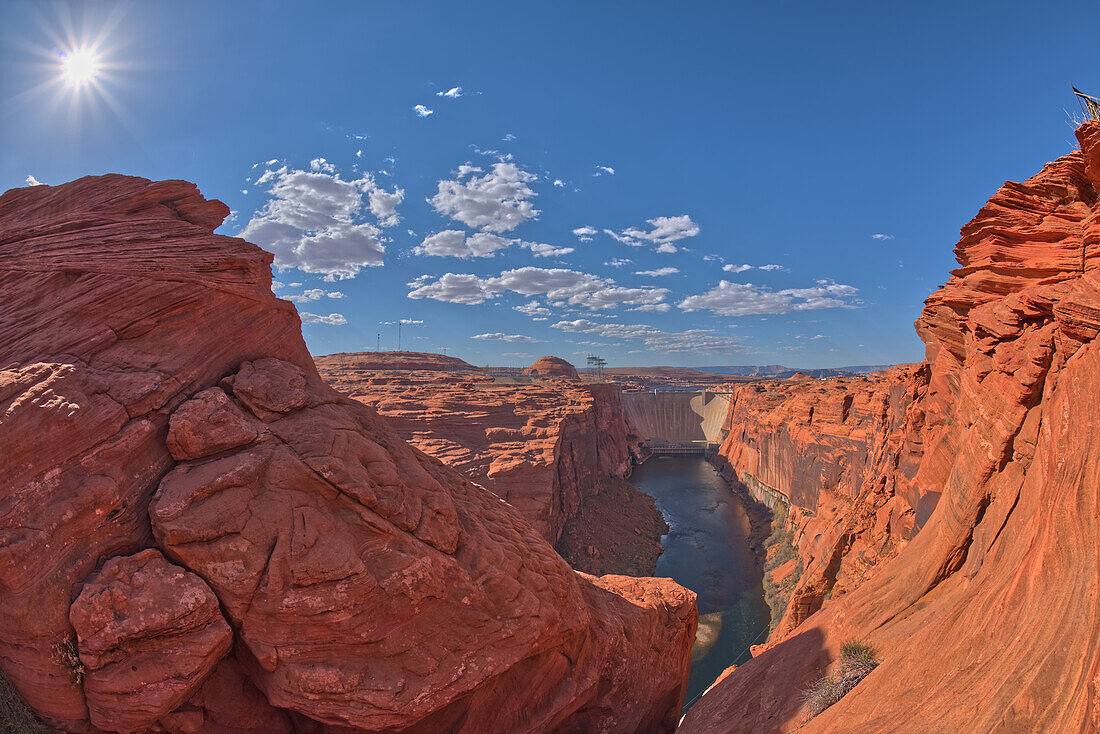 Glen Canyon Dam viewed from main overlook just south of dam, Page, Arizona, United States of America, North America