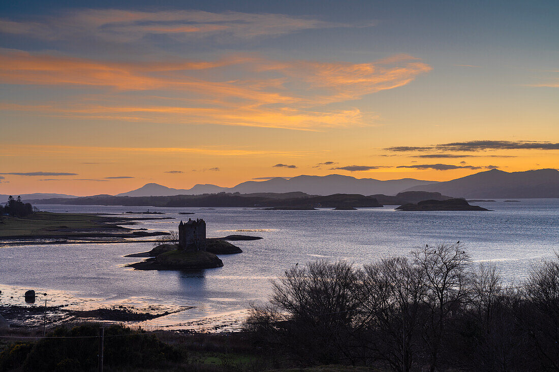 Sunset over Castle Stalker and Loch Linnhe, Argyll, Scotland, United Kingdom, Europe