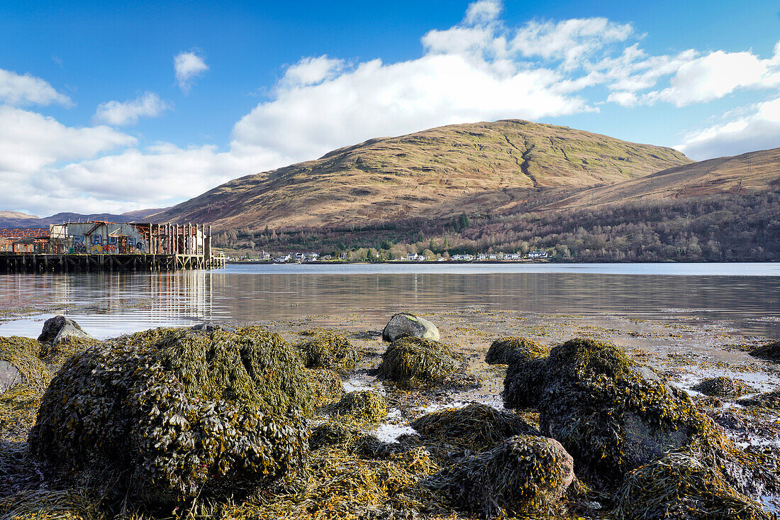 Distant view of the village of Arrochar, Loch Long, Argyll and Bute, Scotland, United Kingdom, Europe