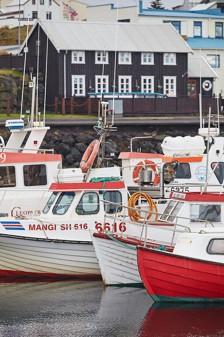 Fishing boats in the harbour at Stykkisholmur, with historic traditional buildings, on the Snaefellsnes peninsula, west coast of Iceland, Polar Regions