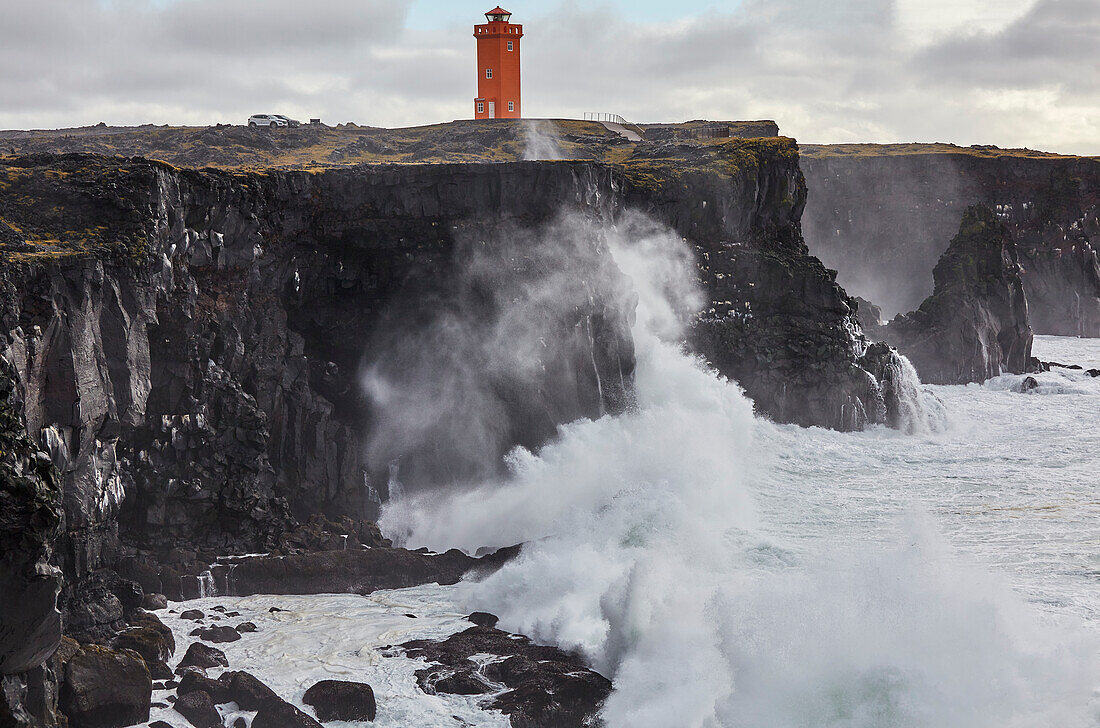 Storm surf against lava cliffs at Skalasnagi, in Snaefellsjokull National Park, the northwestern tip of the Snaefellsnes peninsula, on the west coast of Iceland, Polar Regions