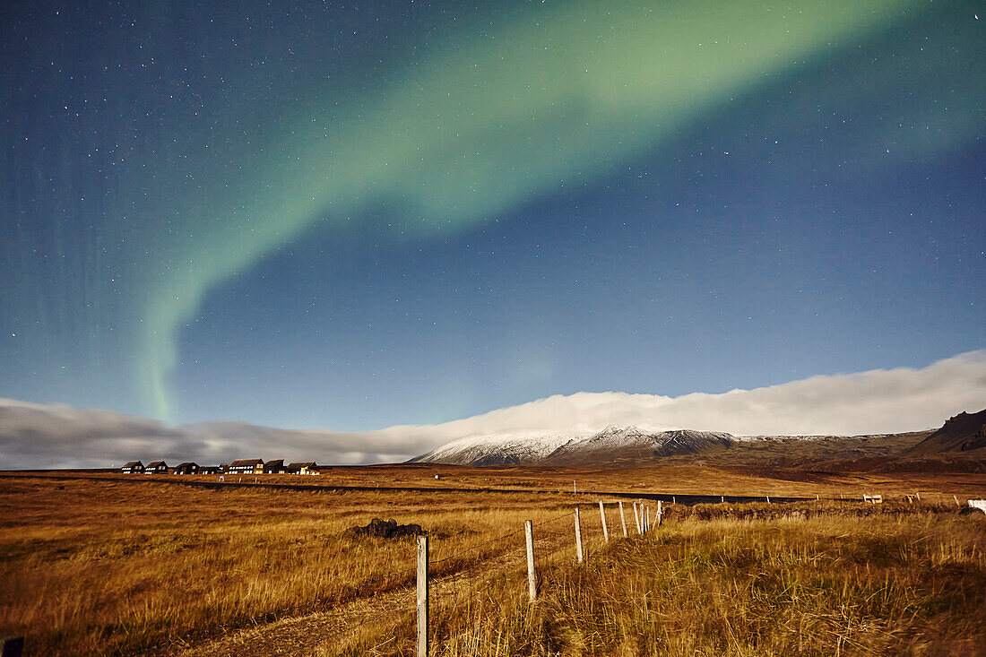 Northern Lights (Aurora Borealis) over countryside around the village of Hellnar, in Snaefellsjokull National Park, on the Snaefellsnes peninsula, west coast of Iceland, Polar Regions