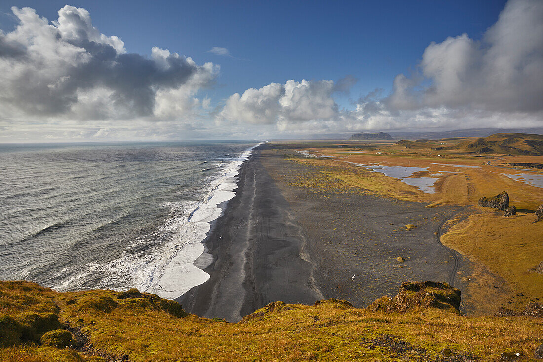 A view from Dyrholaey Island along a vast volcanic black sand beach, near the town of Vik, on the south coast of Iceland, Polar Regions