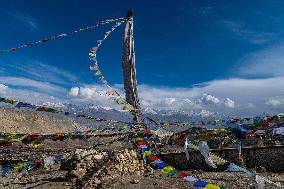 Prayer flags, Ghar Gumba Monastery, Kingdom of Mustang, Himalayas, Nepal, Asia