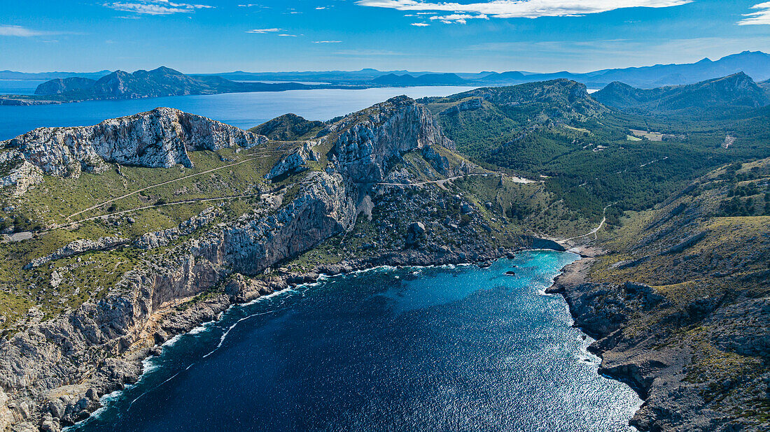 Aerial of the Formentor peninsula, Mallorca, Balearic Islands, Spain, Mediterranean, Europe