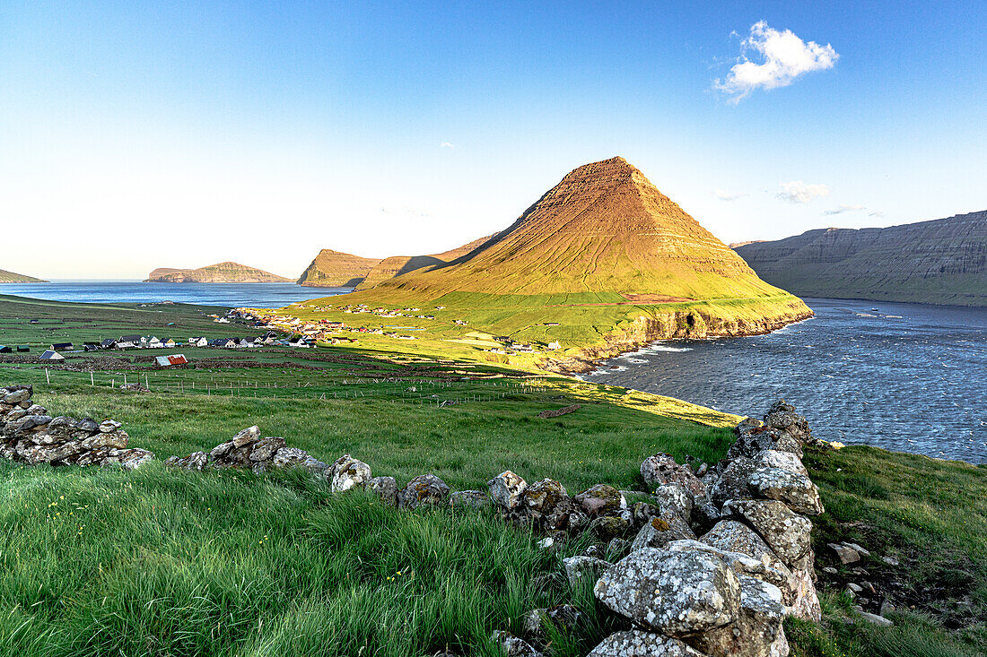 Coastal village of Vidareidi and Malinsfjall mountain in summer, Vidoy Island, Faroe Islands, Denmark, Europe