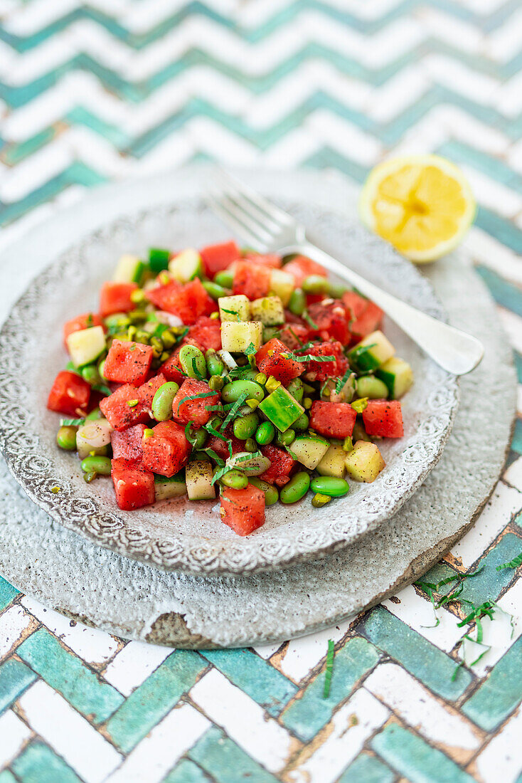 Melon and edamame salad with cucumber, mint and sumac (vegan)