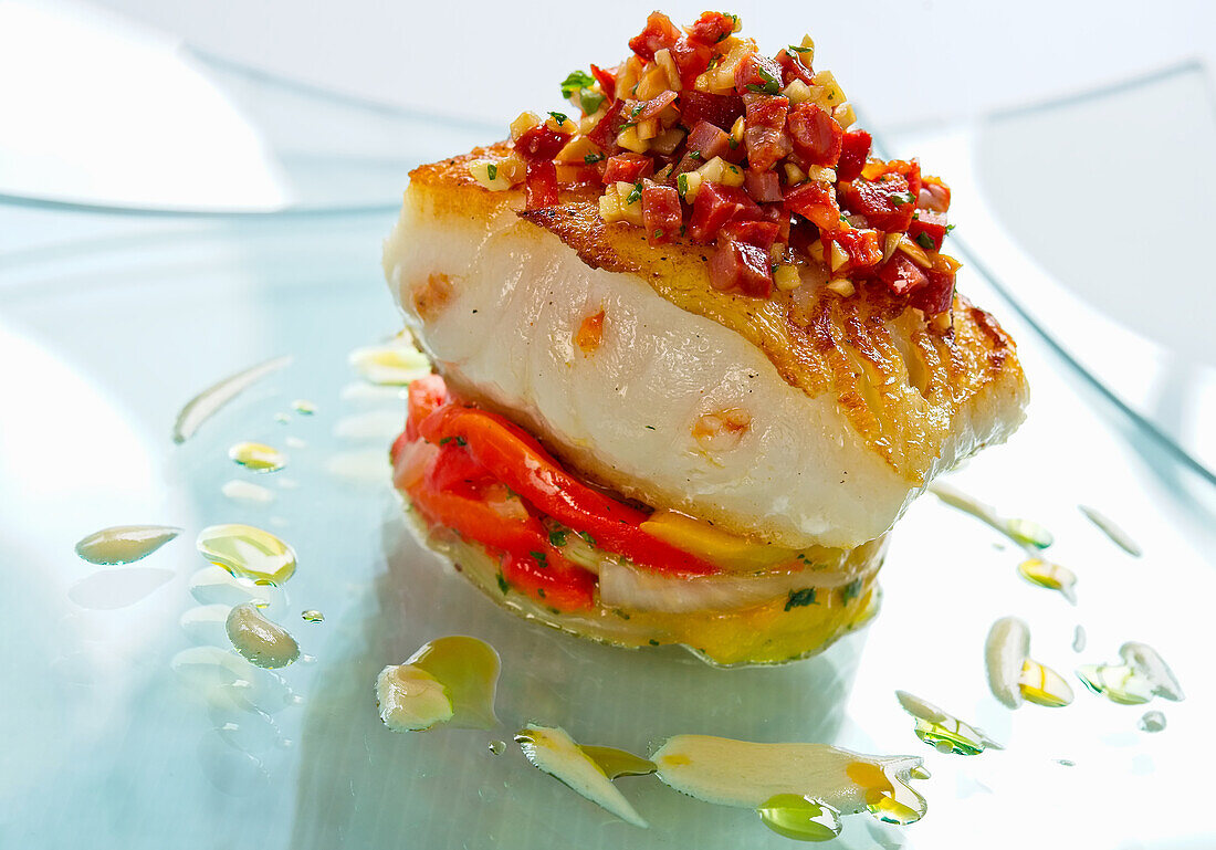 Grilled white fish topped with bacon on pepper and vegetables