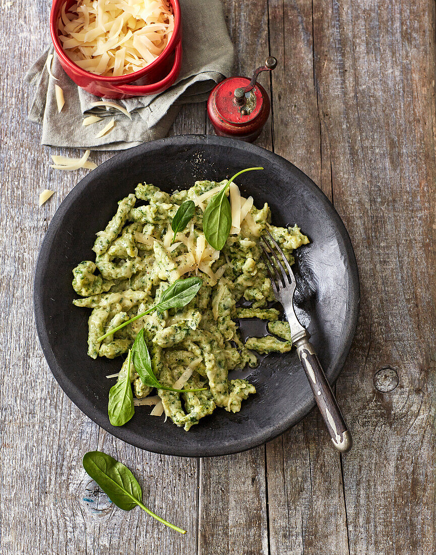 Spinach pizokel (spaetzle variation, Switzerland)