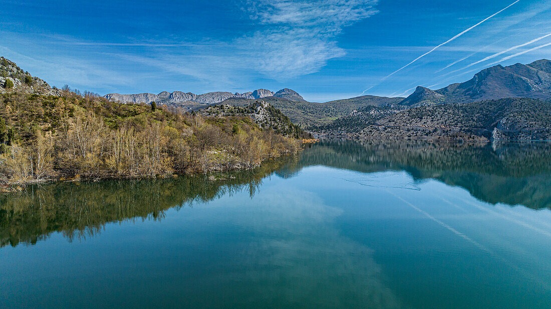 Aerial of the mountains and Embalse de Luna lake, Asturias, Spain, Europe