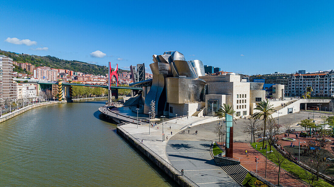 Aerial of the Guggenheim Museum, Bilbao, Basque country, Spain, Europe