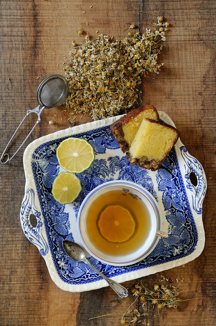 Chamomile tea and sponge cake