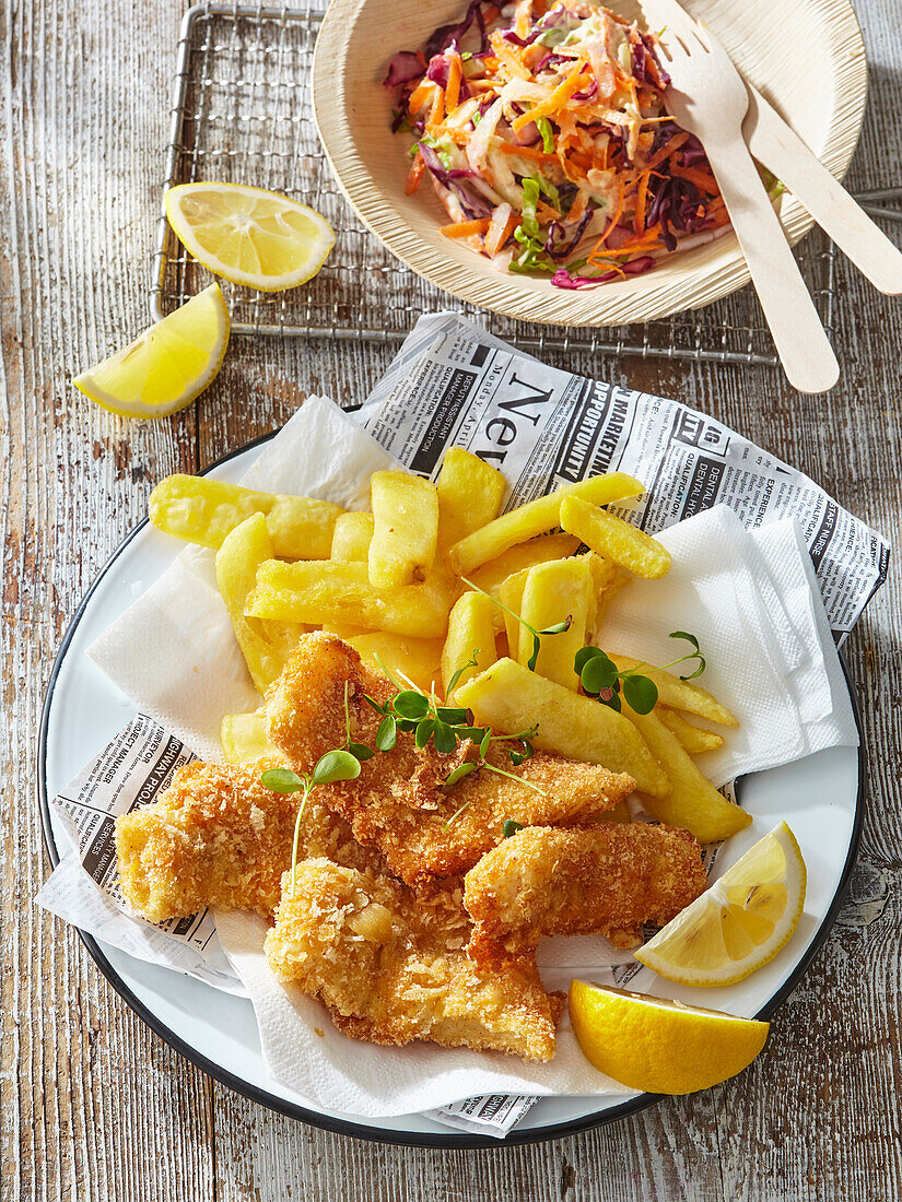 Fish and chips with spicy slaw