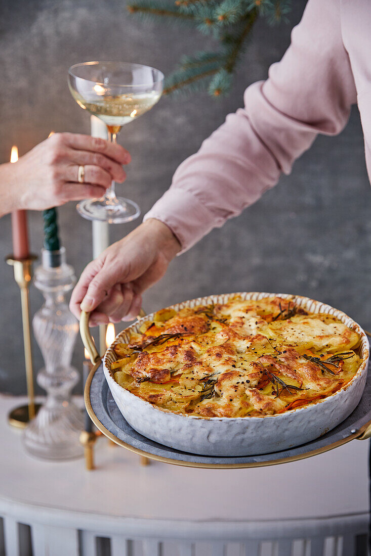 Pumpkin and potato casserole with sherry and burrata