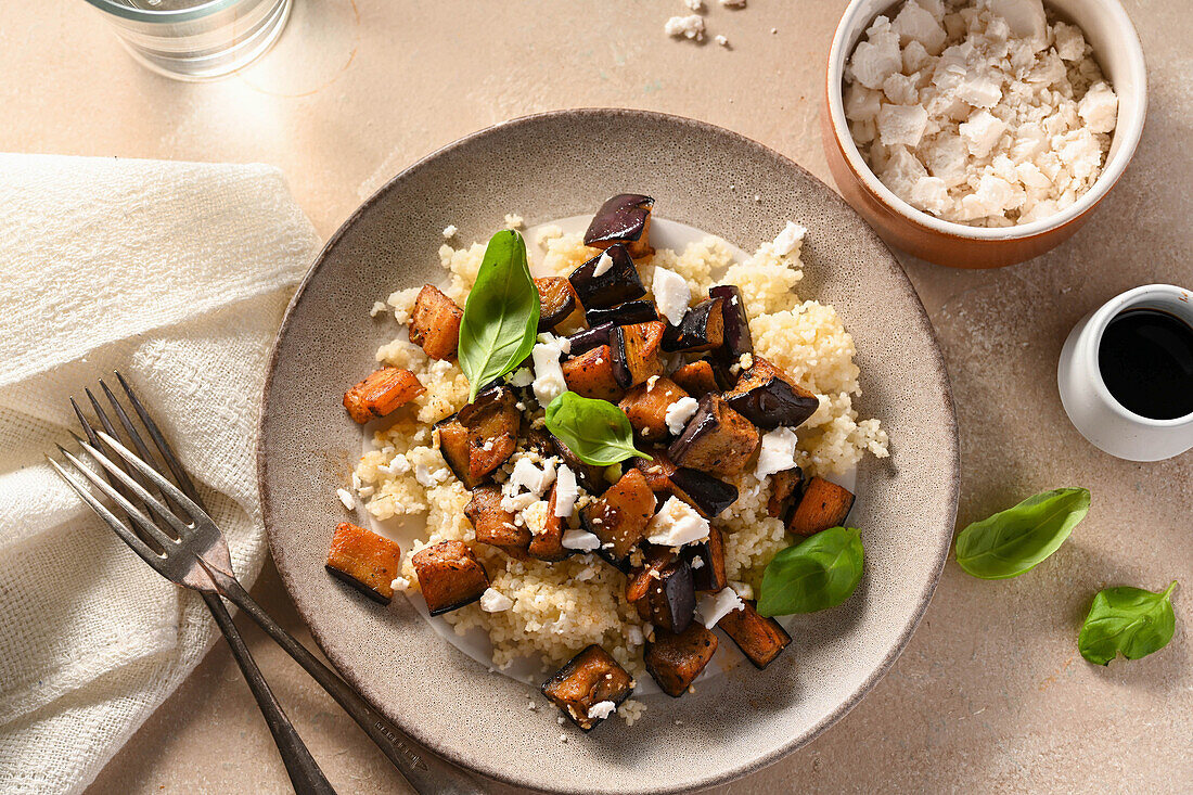 Bulgur with roasted aubergines and Feta Cheese