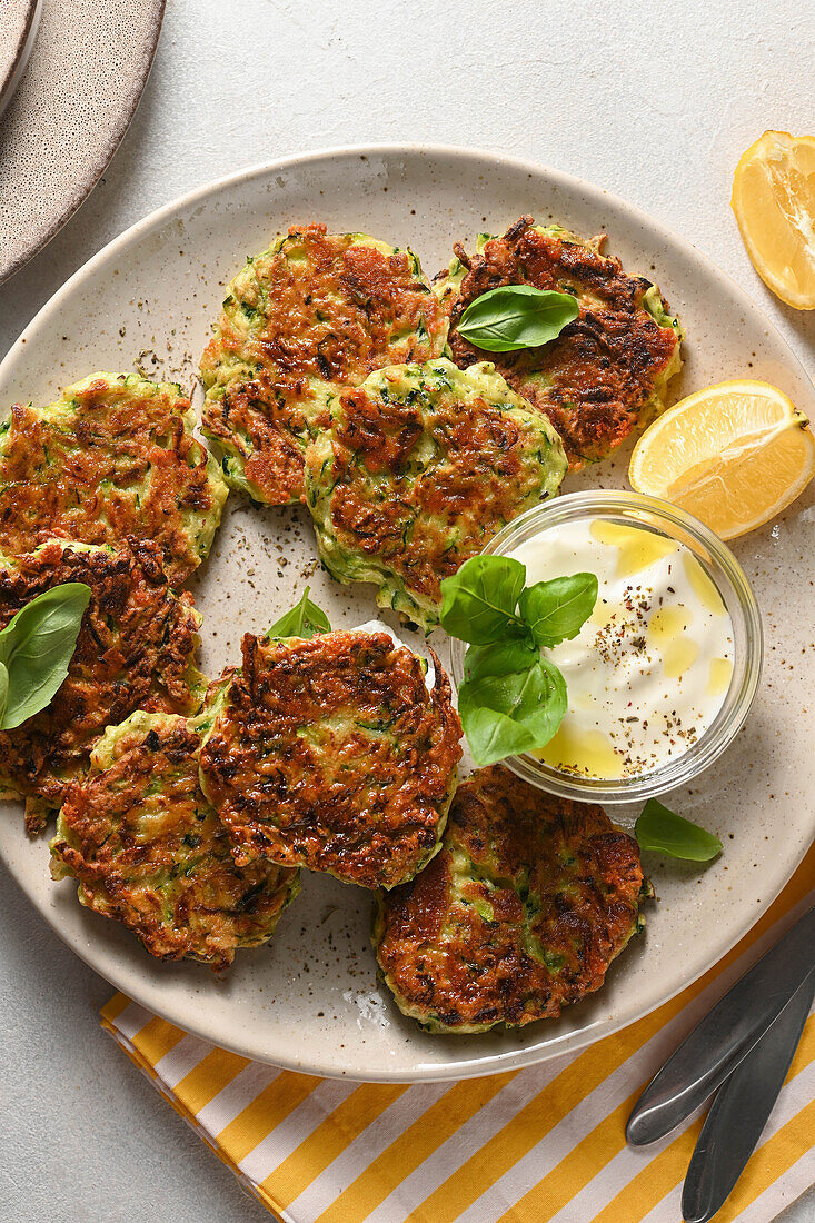 Zucchini fritters served with yogurt sauce and fresh basil