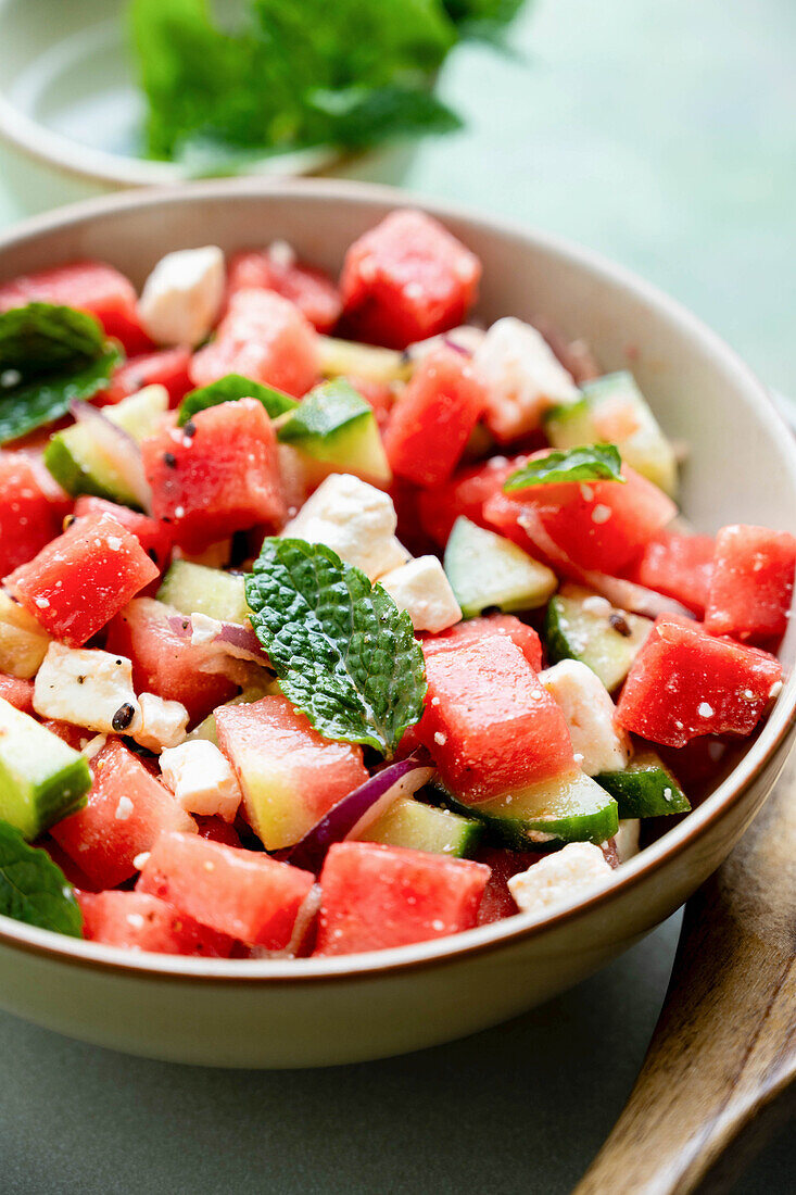 Watermelon salad with cucumber and feta