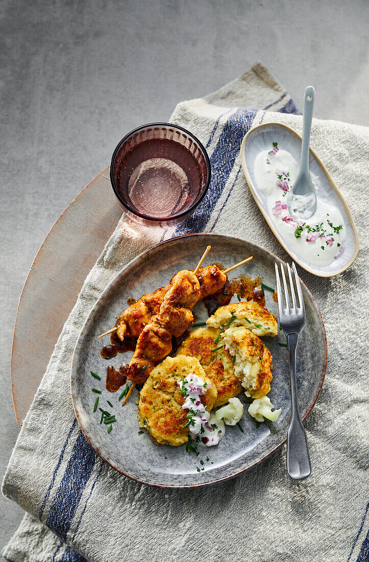 Cauliflower meatballs with chicken skewers