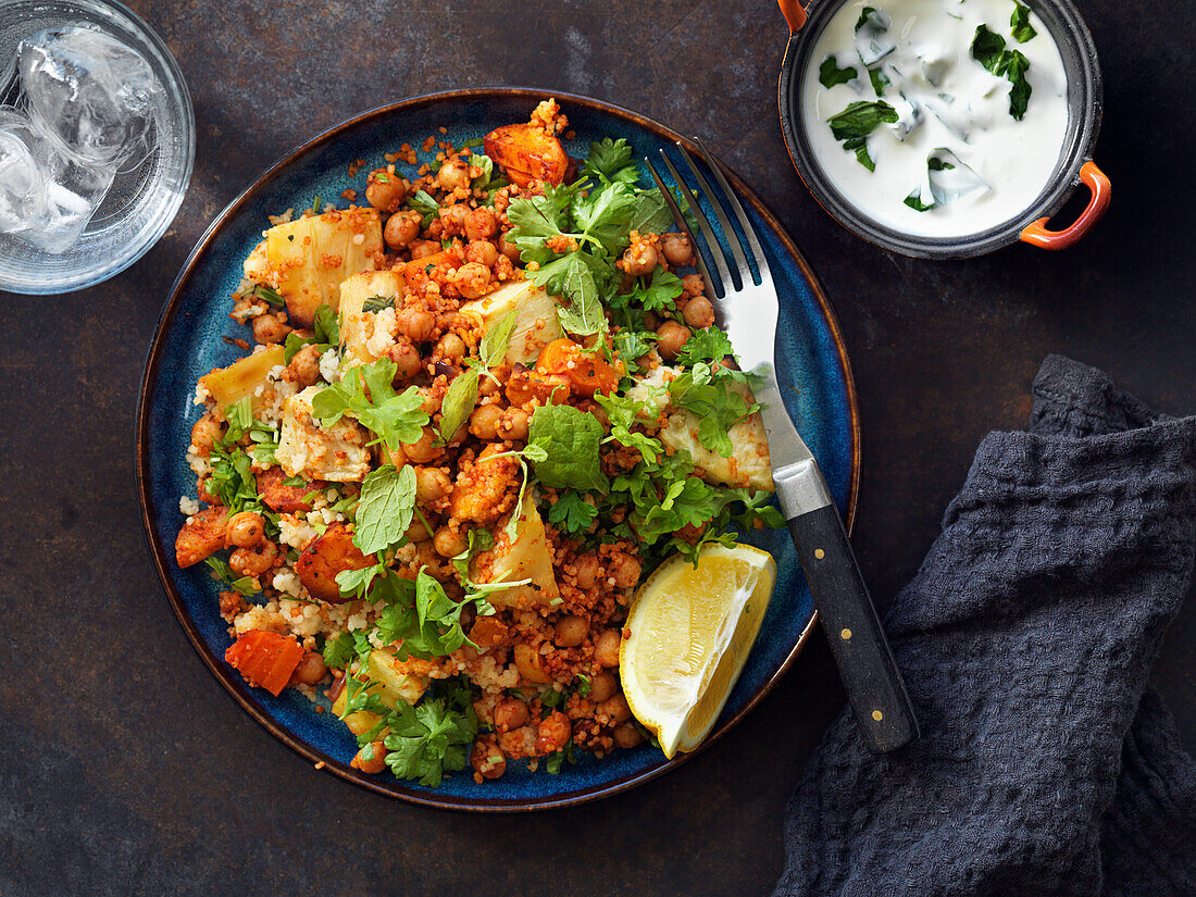 Spicy salad with chickpeas, mint, carrots, couscous, vegetables, lemon, and yogurt