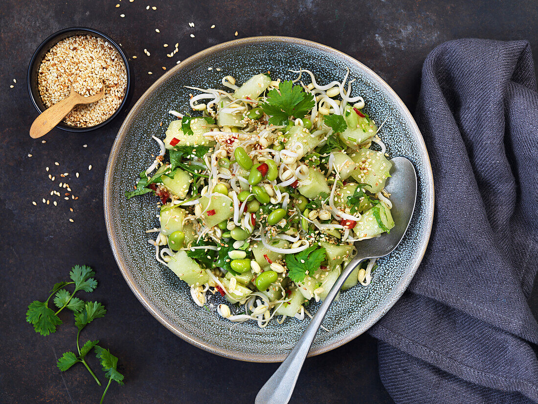 Salad with melon, cucumber, soybeans, cilantro, sesame seeds, Brussels sprouts, and chili