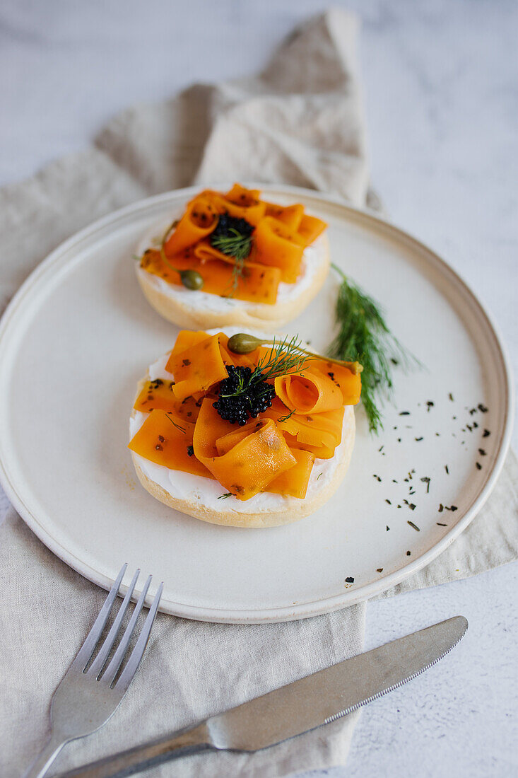 Smoked Carrots on Bagel as a salmon substitute