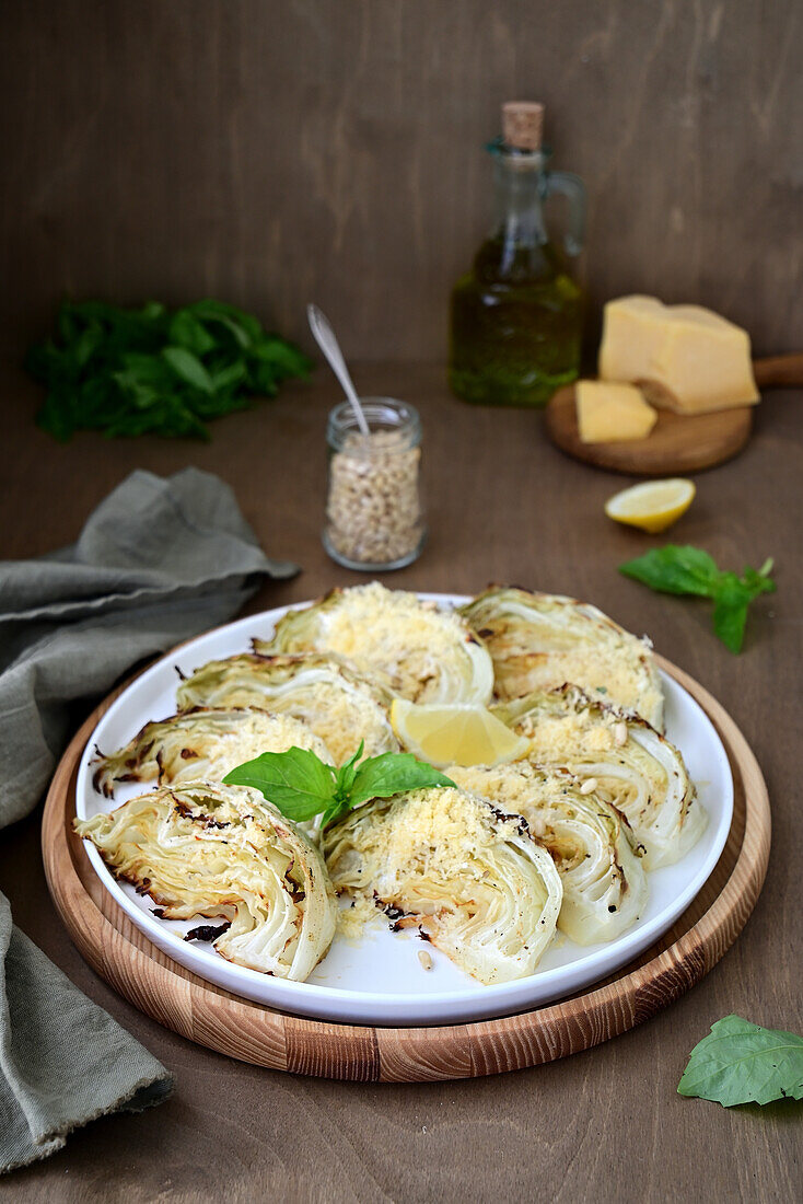 Oven baked white cabbage with parmesan cheese