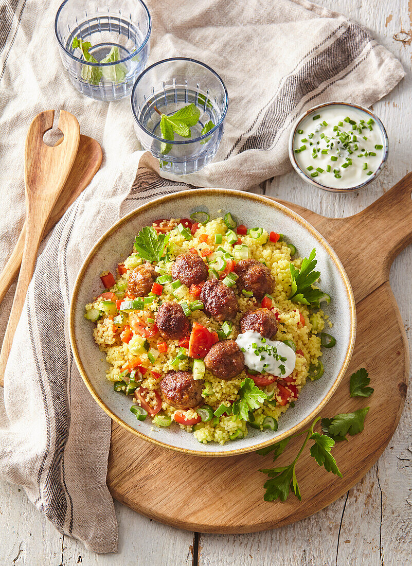 Couscous-Salat mit Kalbsfleischbällchen