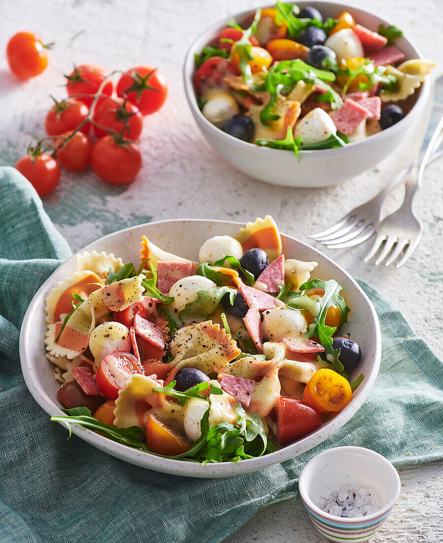 Colorful farfalle salad with mozzarella cheese